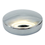 Three Moto Iron® round metal gas caps are shown: two Moto Iron Cam Lock Gas Caps for Harley-Davidson and Custom in black and silver closed, with one silver cap open to show its built-in opener, resembling an OEM bayonet or Harley gas cap.