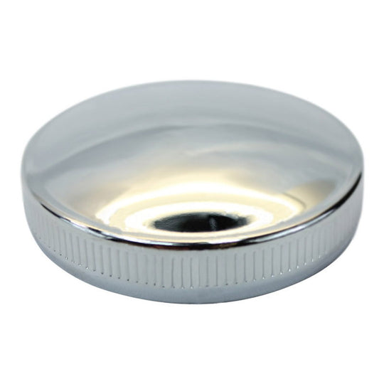 A Moto Iron® Cam Lock Gas Cap for Harley-Davidson and custom bikes, featuring a shiny, round silver design with a smooth top and ridged edges, shown on a white background.