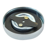 Three Moto Iron® round metal gas caps are shown: two Moto Iron Cam Lock Gas Caps for Harley-Davidson and Custom in black and silver closed, with one silver cap open to show its built-in opener, resembling an OEM bayonet or Harley gas cap.