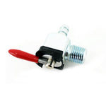 The Moto Iron® 1/4" NPT 90 Degree Male Fuel Valve/Petcock features a metal construction with a red lever handle, 1/4" NPT male threads on one end, and a barbed hose fitting on the other.