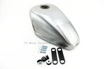 The Mid-USA 2.3 Gal. Sportster-Style Tank With Scalloped Sides, unpainted and ideal for custom builds, includes mounting hardware—bolts, washers, rubber grommets, and two black metal brackets—and is shown on a white background.