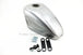 The Mid-USA 2.3 Gal. Sportster-Style Tank With Scalloped Sides, unpainted and ideal for custom builds, includes mounting hardware—bolts, washers, rubber grommets, and two black metal brackets—and is shown on a white background.