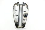 The Mid-USA 2.3 Gal. Sportster-Style Tank With Scalloped Sides, unpainted and ideal for custom builds, includes mounting hardware—bolts, washers, rubber grommets, and two black metal brackets—and is shown on a white background.