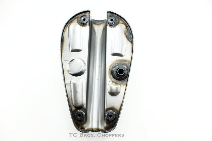 The Mid-USA 2.3 Gal. Sportster-Style Tank With Scalloped Sides, unpainted and ideal for custom builds, includes mounting hardware—bolts, washers, rubber grommets, and two black metal brackets—and is shown on a white background.