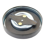 Three Moto Iron® round metal gas caps are shown: two Moto Iron Cam Lock Gas Caps for Harley-Davidson and Custom in black and silver closed, with one silver cap open to show its built-in opener, resembling an OEM bayonet or Harley gas cap.