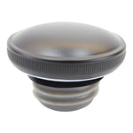Two Moto Iron® Screw-in Fuel Caps for Harley-Davidson and Custom, one matte and one chrome, each with ribbed silicone inserts, are displayed against a white background.