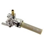 An image of a Moto Iron® Left Side Spigot 13/16" Female Fuel Valve Petcock with a brass handle and chrome finish.