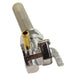 An image of a Moto Iron® Left Side Spigot 13/16" Female Fuel Valve Petcock with a brass handle and chrome finish.