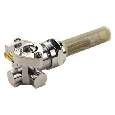 A Moto Iron® chrome valve with a brass handle on a white background, featuring a 22mm thread: the Left Side Spigot 13/16" Female Fuel Valve Petcock.