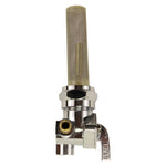 An image of a Moto Iron® Left Side Spigot 13/16" Female Fuel Valve Petcock with a brass handle and chrome finish.