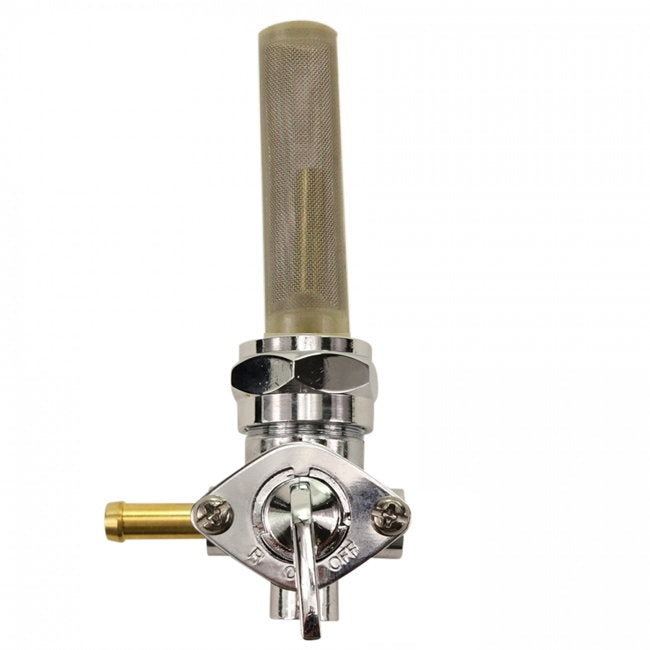 An image of a valve with a Left Side Spigot 13/16" Female Fuel Valve Petcock and brass handle suitable for Harley Davidson motorcycles. (Brand: Moto Iron®)