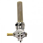 An image of a Moto Iron® Left Side Spigot 13/16" Female Fuel Valve Petcock with a brass handle and chrome finish.