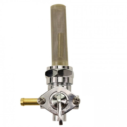 An image of a Moto Iron® Left Side Spigot 13/16" Female Fuel Valve Petcock with a brass handle and chrome finish.