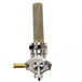 An image of a Moto Iron® Left Side Spigot 13/16" Female Fuel Valve Petcock with a brass handle and chrome finish.