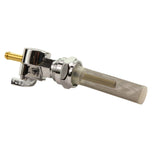 A Moto Iron® Straight Spigot 13/16" Female Fuel Valve Petcock with a gold handle, perfect for adding a touch of luxury to any bathroom. The sleek chrome finish catches the light beautifully, while the gold handle adds an elegant accent.