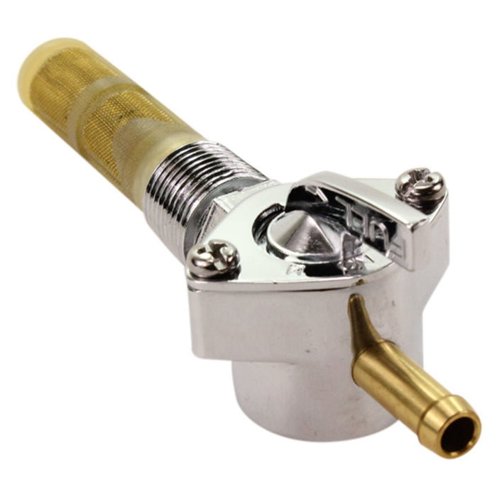 A Moto Iron® Straight Spigot 3/8" NPT Male Fuel Valve Petcock with a brass hose, featuring a show chrome finish.