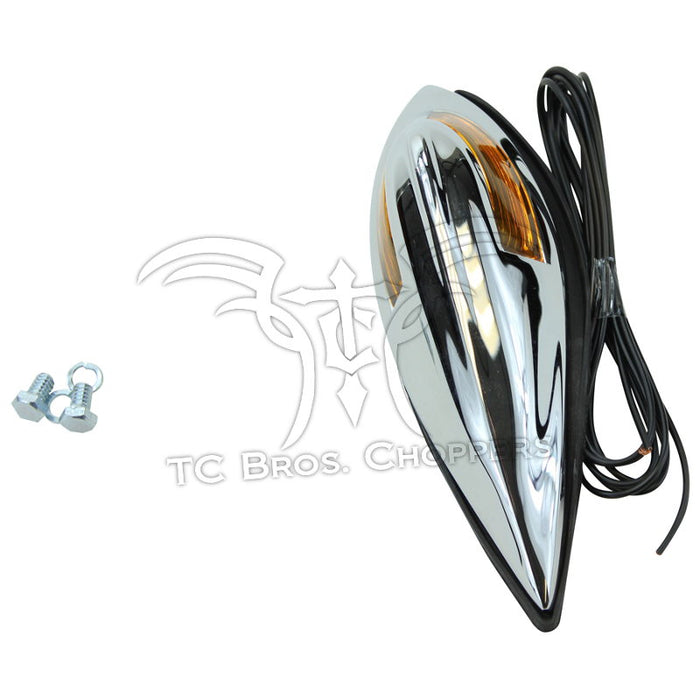 The Mid-USA Chrome Fender Lamp features a chrome-plated housing, amber lens, black wires, and dual mounting bolts—perfect for Harley-Davidson Springer models. Brand: Mid-USA.