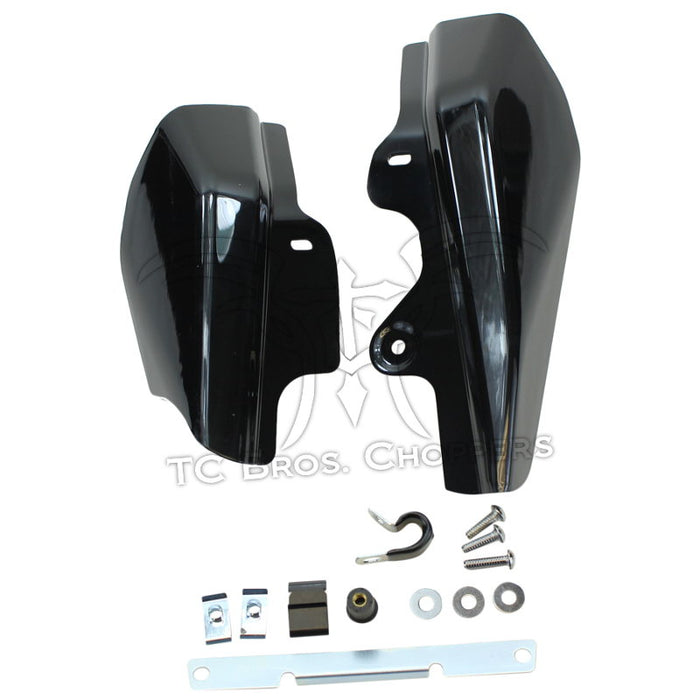 Two black Mid-USA Heat Deflectors for 2001-2008 Harley-Davidson Touring, including mounting hardware, screws, and brackets.