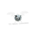 A shiny, chrome-plated Mid-USA Kromett Fuel Cap Cover for Harley-Davidson Big Twin and Sportster 1973-1981 with three pointed spikes is displayed against a white background.