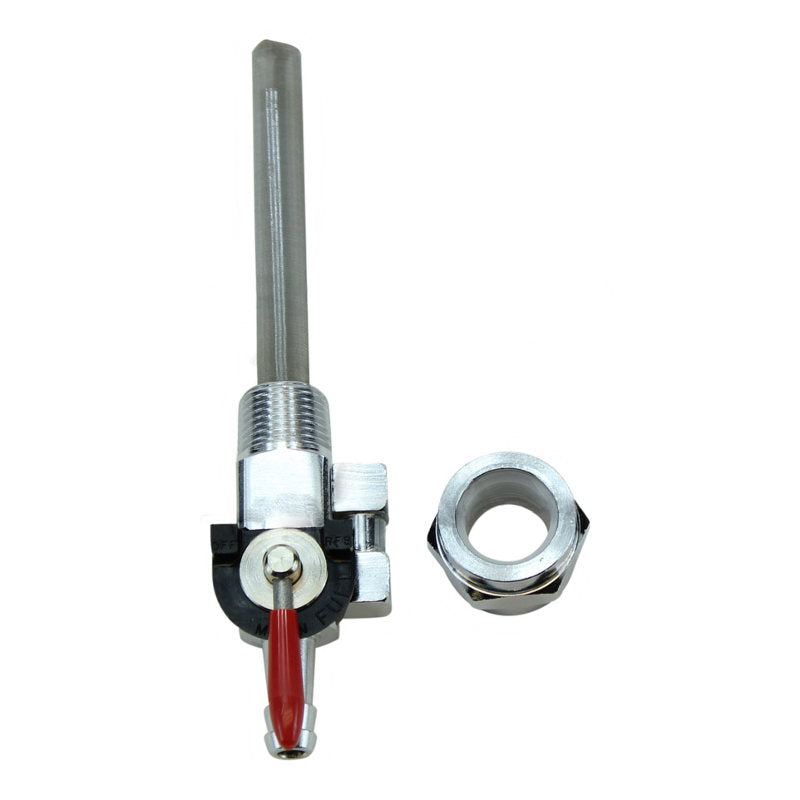 An Accel stainless steel valve with a red handle and high flow capacity.