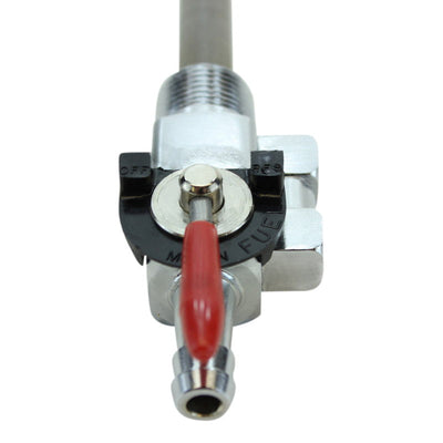 An Accel valve with a red handle on a white background.