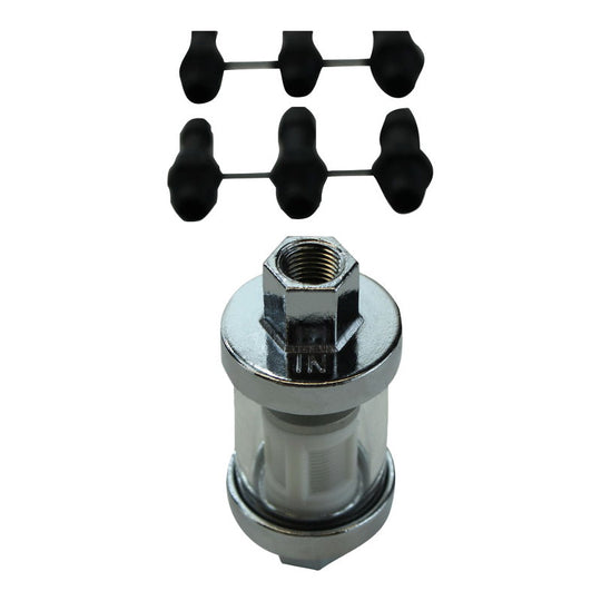 The Moto Iron® In-Line Glass Fuel Filter fits 1/4", 5/16", or 3/8" ID hoses, featuring a clear housing with metal ends and black plastic connectors. This washable, reusable filter ensures optimal performance for diverse applications.