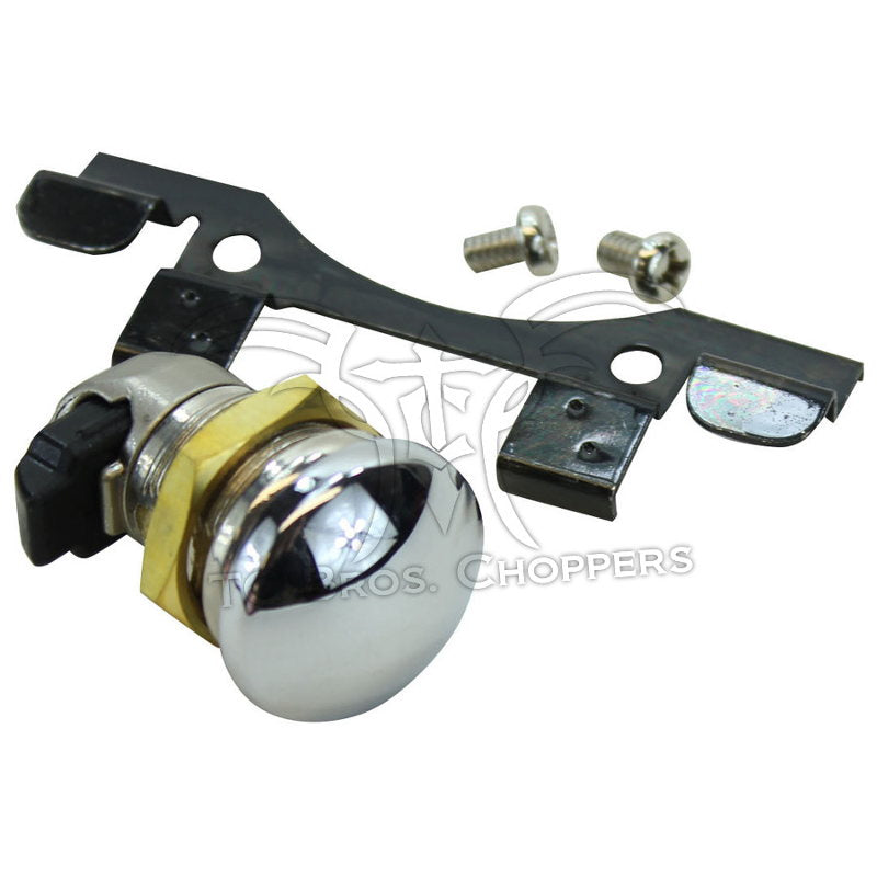 The Mid-USA Fuel Door Lock Eliminator Kit for 1992-Up Harley-Davidson Touring includes a chrome ignition switch, mounting bracket, and two screws—ideal for keyless fuel doors. Shown on a white background.