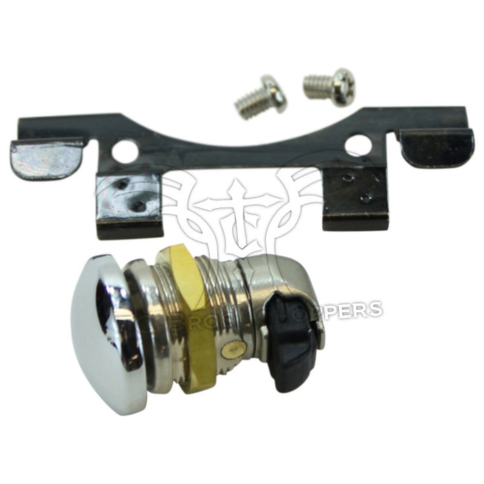 The Mid-USA Fuel Door Lock Eliminator Kit for 1992-Up Harley-Davidson Touring includes a chrome ignition switch, mounting bracket, and two screws—ideal for keyless fuel doors. Shown on a white background.