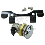 The Mid-USA Fuel Door Lock Eliminator Kit for 1992-Up Harley-Davidson Touring includes a chrome ignition switch, mounting bracket, and two screws—ideal for keyless fuel doors. Shown on a white background.
