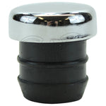 A shiny, round chrome metal cap with a black rubber base is photographed against a white background—this is the Mid-USA Push-In Oil Tank Fill Plug for Harley-Davidson motorcycles by Mid-USA.