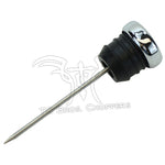 Close-up of a Moto Iron Oil Dipstick With Gauge by Mid-USA for Harley-Davidson Shovelhead, Ironhead, and Early Evo, showing about 175°F with a black face, white numbers, and a red needle.