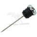 Close-up of a Moto Iron Oil Dipstick With Gauge by Mid-USA for Harley-Davidson Shovelhead, Ironhead, and Early Evo, showing about 175°F with a black face, white numbers, and a red needle.