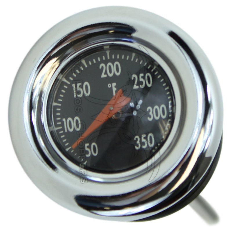 Close-up of a Moto Iron Oil Dipstick With Gauge by Mid-USA for Harley-Davidson Shovelhead, Ironhead, and Early Evo, showing about 175°F with a black face, white numbers, and a red needle.