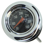 Close-up of a Moto Iron Oil Dipstick With Gauge by Mid-USA for Harley-Davidson Shovelhead, Ironhead, and Early Evo, showing about 175°F with a black face, white numbers, and a red needle.