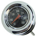 Close-up of a Moto Iron Oil Dipstick With Gauge by Mid-USA for Harley-Davidson Shovelhead, Ironhead, and Early Evo, showing about 175°F with a black face, white numbers, and a red needle.