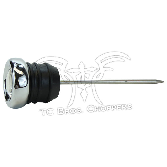 Close-up of a Moto Iron Oil Dipstick With Gauge by Mid-USA for Harley-Davidson Shovelhead, Ironhead, and Early Evo, showing about 175°F with a black face, white numbers, and a red needle.