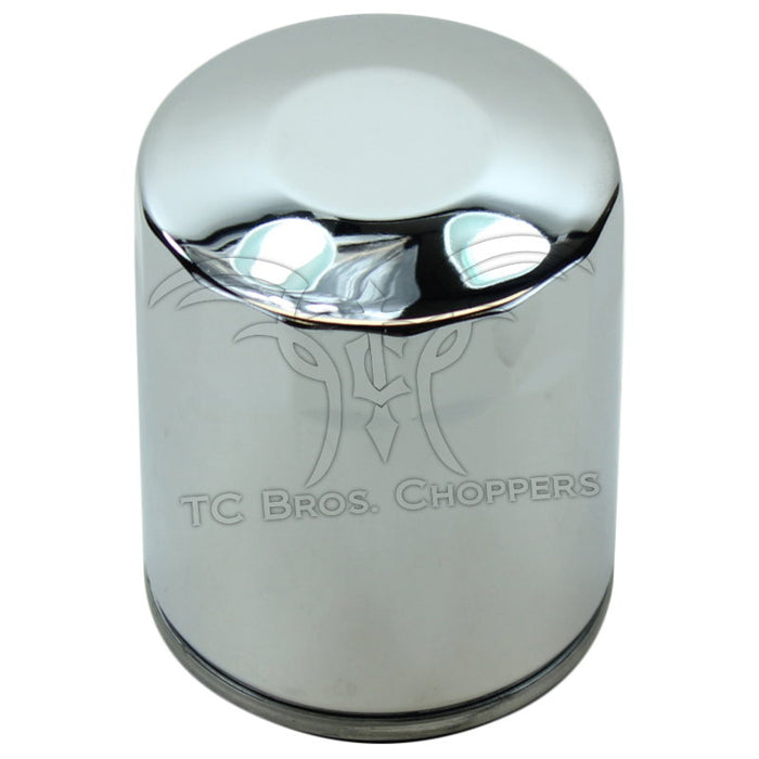 A shiny, cylindrical chrome oil filter from Mid-USA with a smooth surface reflects light. Labeled "Mid-USA Oil Filter for Harley-Davidson Twin Cam and Milwaukee-Eight," it&