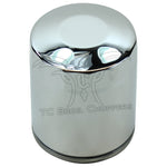 A shiny, cylindrical chrome oil filter from Mid-USA with a smooth surface reflects light. Labeled "Mid-USA Oil Filter for Harley-Davidson Twin Cam and Milwaukee-Eight," it's perfect for these engine models.