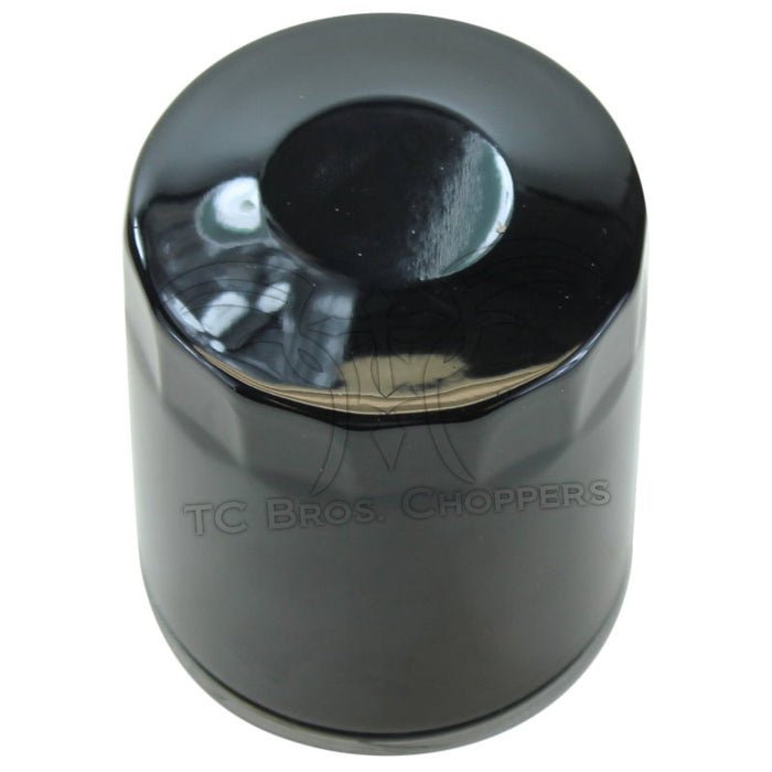 A shiny, cylindrical chrome oil filter from Mid-USA with a smooth surface reflects light. Labeled "Mid-USA Oil Filter for Harley-Davidson Twin Cam and Milwaukee-Eight," it&
