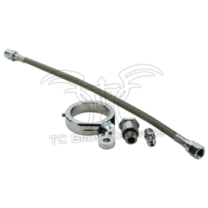 The Mid-USA Oil Pressure Gauge Mounting kit for Harley Big Twin Evolution engines includes a metal hose with connectors, a clamp, and three extra fittings—perfect for precise oil pressure gauge installation.