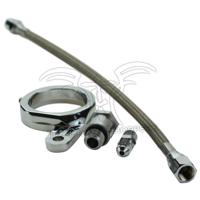 The Mid-USA Oil Pressure Gauge Mounting kit for Harley Big Twin Evolution engines includes a metal hose with connectors, a clamp, and three extra fittings—perfect for precise oil pressure gauge installation.