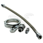 The Mid-USA Oil Pressure Gauge Mounting kit for Harley Big Twin Evolution engines includes a metal hose with connectors, a clamp, and three extra fittings—perfect for precise oil pressure gauge installation.