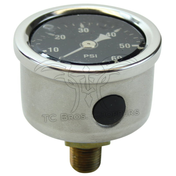 The Mid-USA 60 psi Oil Pressure Gauge by Mid-USA features a round analog design with a black face, silver casing, and markings from 0 to 60 psi. The needle is at zero.