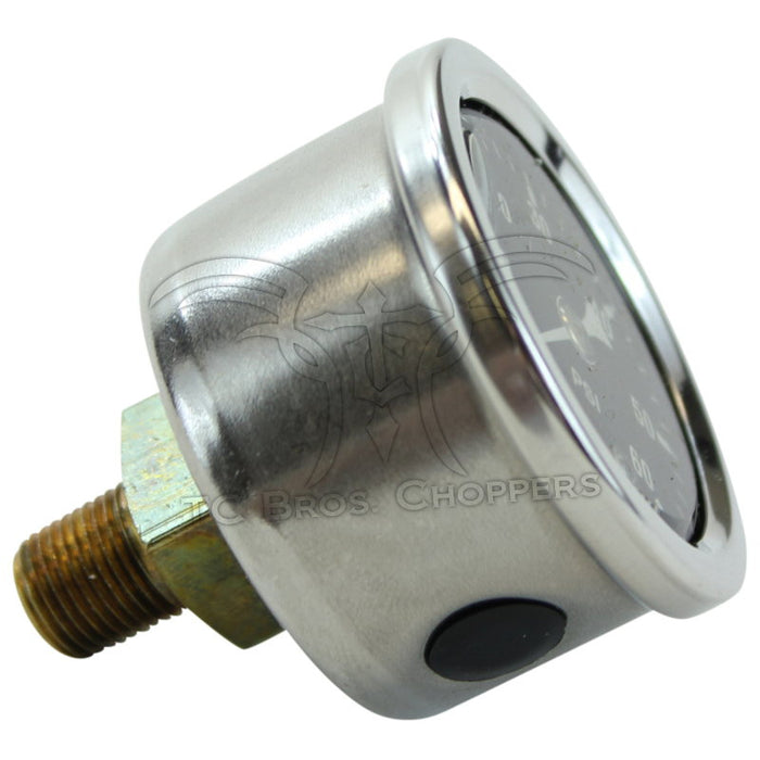 The Mid-USA 60 psi Oil Pressure Gauge by Mid-USA features a round analog design with a black face, silver casing, and markings from 0 to 60 psi. The needle is at zero.