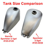 Moto Iron® 2.1 Gallon Narrow Sportster Frisco-style Fuel Tank, unpainted metal with open fuel cap, shown on a white background—ideal for chopper and custom bike fans.