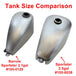 Moto Iron® 2.1 Gallon Narrow Sportster Frisco-style Fuel Tank, unpainted metal with open fuel cap, shown on a white background—ideal for chopper and custom bike fans.
