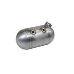 A TC Bros 5 inch Round Pill Style Chopper Oil Tank Universal Fit made of CNC machined stainless steel on a white background, providing a universal fit for oil storage.