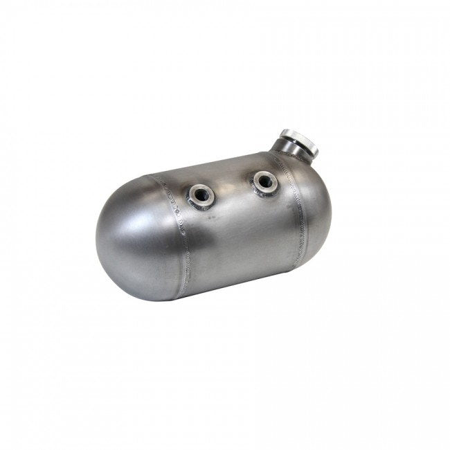 The TC Bros. Round 5″ Oil Tank features welded seams, threaded openings, and screw-on caps—perfect as an oil tank or custom solution for motorcycle builds. Two metal cylindrical tanks are shown on a white background.