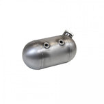 The TC Bros. Round 5″ Oil Tank features welded seams, threaded openings, and screw-on caps—perfect as an oil tank or custom solution for motorcycle builds. Two metal cylindrical tanks are shown on a white background.