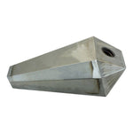 The Wyatt Gatling 2.1 Gallon Flat Prism Fuel Tank by Wyatt Gatling features a bold, faceted metallic design with sharp edges and a reflective finish, reminiscent of a striking geometric sculpture.